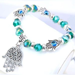 New Silver Tone Hand of God/Evil Eye green crystal bracelet